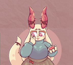 4_fingers 4_horns accessory anthro big_breasts big_eyes black_nose blush blush_lines bottomwear breasts brown_background brown_bottomwear brown_clothing brown_skirt clothed clothing embarrassed eyebrows eyelashes female fingers flesh_fang floppy_ears flustered front_view fully_clothed furgonomics grey_clothing grey_sweater grey_topwear hand_on_own_face horn horn_accessory looking_away lop_ears multi_horn open_mouth open_smile outline pawpads pink_eyes pink_pawpads pupils reaching_towards_viewer red_horn scales simple_background skirt smile solo standing sweater tail tail_accessory tailband tan_body tan_scales tapering_tail topwear white_outline white_pupils moogers kobold scalie 2023 cel_shading digital_media_(artwork) half-length_portrait hi_res portrait shaded