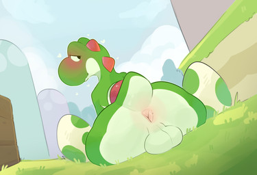 anthro anus backsack balls big_butt blush butt egg genitals green_body green_scales heart_symbol looking_at_viewer looking_back looking_back_at_viewer male male_anthro non-mammal_balls outside presenting presenting_hindquarters scales short_tail sitting sitting_on_grass solo tail yoshi_egg cometdragonite mario_bros nintendo green_yoshi reptile scalie yoshi absurd_res hi_res