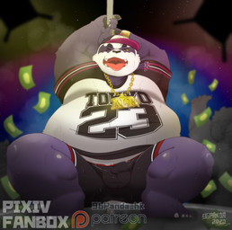 anthro balls_outline belly big_belly bottomwear bulge clothing detailed_bulge falling_money fur genital_outline hat headgear headwear kemono male money one_eye_closed overweight overweight_anthro overweight_male penis_outline pole purple_body purple_fur shorts solo stripper stripper_pole tipping tongue tongue_out wink 96panda lifewonders tokyo_afterschool_summoners alp_(tas) bear giant_panda mammal 2020 absurd_res hi_res