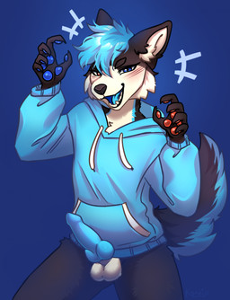 animal_genitalia animal_penis anthro balls black_body black_claws black_fur blue_background blue_clothing blue_eyes blue_hair blue_hoodie blue_markings blue_mouth blue_pawpads blue_tongue blue_topwear bottomless canine_genitalia canine_penis claws clothed clothing erection fur genitals hair hoodie hoodie_only inner_ear_fluff knot knotted_penis looking_at_viewer male markings open_mouth pawpads penis red_eyes red_pawpads short_hair simple_background smug solo tail tongue topwear topwear_only tuft white_body white_fur konejo canid canine canis domestic_dog husky mammal nordic_sled_dog spitz 2024 colored digital_drawing_(artwork) digital_media_(artwork) hi_res shaded