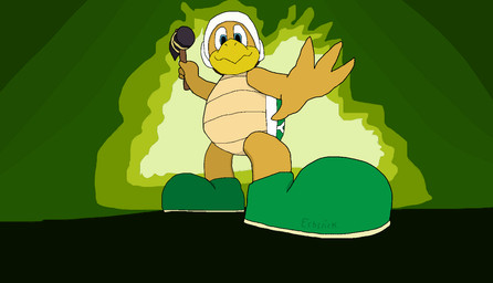 4_fingers anthro armor blue_eyes boots clothing fingers footwear green_background green_boots green_clothing green_footwear hammer headgear helmet holding_hammer holding_object holding_tool holding_weapon looking_down male scales shell shoes simple_background solo tools weapon yellow_body yellow_scales echsrick mario_bros mario_party_(series) mario_party_ds nintendo bro_(koopa) hammer_bro koopa reptile scalie turtle hi_res