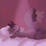 anthro backsack balls biped clothing femboy fluffy fur genitals legwear lying male male_anthro mostly_nude mostly_nude_anthro mostly_nude_female purple_body sleeping solo tail terrudolol canid canine mammal 1:1 hi_res