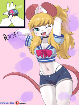 4_fingers anthro asian_clothing black_choker black_jewelry black_necklace black_nose blonde_hair blue_bottomwear blue_clothing blue_eyes blue_shirt blue_shorts blue_topwear bottomwear breasts buckteeth choker clothing denim denim_bottomwear denim_clothing denim_shorts east_asian_clothing female fingers fur gender_transformation hair hands_behind_head japanese_clothing japanese_school_uniform jewelry looking_at_viewer medium_breasts mtf_transformation necklace one_eye_closed onomatopoeia pink_inner_ear ponytail school_uniform serafuku shirt shorts smile smoke solo sound_effects standing teeth text topwear transformation uniform white_body white_fur wink mr-shin marvin_(mr-shin) mammal mouse murid murine rodent 2026 absurd_res hi_res