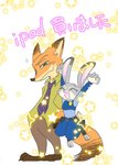 anthro belt bottomwear clothed clothing duo eyes_closed fully_clothed fur green_eyes grey_body grey_fur jumping necktie open_mouth open_smile orange_body orange_fur pants police police_uniform shirt smile text topwear uniform izumi_h27 disney zootopia judy_hopps nick_wilde canid canine fox lagomorph leporid mammal rabbit red_fox true_fox 2019 english_text japanese_text