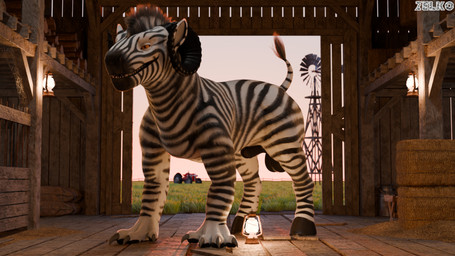 animal_genitalia ball_tuft balls barn claws farm feral fully_sheathed genitals hay hay_bale horn looking_at_viewer male sheath solo striped_body stripes tail tail_tuft teeth tractor tuft vehicle conditional_dnp zelkothezeeb arceronth_(modeler) zelko equid equine felkin hybrid mammal zebra 3d_(artwork) absurd_res blender_(artwork) blender_cycles_(artwork) digital_media_(artwork) hi_res