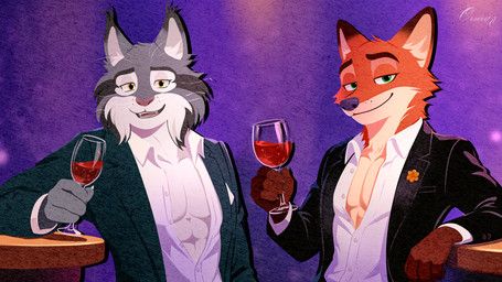 abs alcohol anthro beverage clothed clothing container cup drinking_glass duo glass glass_container glass_cup male male/male muscular muscular_male open_clothing open_shirt open_topwear pecs shirt topwear wine wine_glass lingredcloud oravert69522 disney zootopia nick_wilde pawbert_lynxley canada_lynx canid canine felid feline fox lynx mammal red_fox true_fox 16:9 absurd_res hi_res widescreen