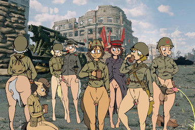 anthro ball_tuft balls big_balls bottomless bottomless_anthro clothed clothing container cup female genitals intersex intersex/female male masturbation military_uniform peeing red_army russian soviet_union text tuft uniform juninhooficial hasbro my_little_pony equid equine horse mammal pony 3:2 absurd_res english_text hi_res