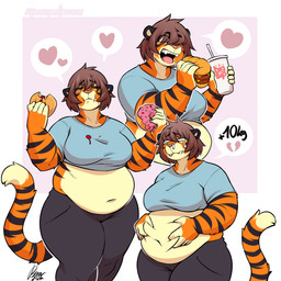 anthro belly belly_grab beverage big_belly big_breasts black_body black_fur blue_clothing blue_shirt blue_topwear bodily_fluids bottomwear breasts broken_heart brown_hair burger clothed clothing container countershade_face countershade_fur countershading crying cup curvy_figure dessert dipstick_tail doughnut eating eye_through_pseudo_hair eyebrow_through_hair eyebrows eyes_closed female fingers food fur grey_bottomwear grey_clothing grey_pants hair hand_on_belly heart_eyes heart_symbol leggings legwear markings midriff navel open_mouth orange_body orange_fur overweight overweight_anthro overweight_female pants pastry pink_background sandwich_(food) sharp_teeth shirt simple_background solo speech_bubble striped_body striped_fur stripes t-shirt tail tail_markings tan_body tan_fur tears teeth text thick_thighs tongue tongue_out topwear translucent translucent_hair voluptuous weight_gain white_body white_fur wide_hips manyakuma luca_(manyakuma) felid mammal pantherine prehistoric_species saber-toothed_tiger tiger 1:1 2025 absurd_res artist_name dated hi_res multiple_scenes signature