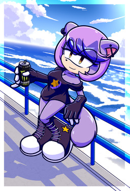 anthro beach big_breasts bottomless breasts clothed clothing detailed_background ear_piercing female female_anthro fingerless_gloves footwear fur gloves hair handwear leaning leaning_backward orange_eyes pantless_female piercing purple_body purple_fur purple_hair railguard shirt shirt_only shoes solo thick_thighs topwear topwear_only xxkenthewolfxx monster_energy sega sonic_the_hedgehog_(series) fan_character absurd_res hi_res