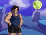 biped black_bottomwear black_clothing black_shorts blue_clothing blue_shirt blue_topwear bottomwear clothing eyewear front_view full_moon glasses holding_bulge human_only male male_human moon not_furry outside shirt shorts solo standing topwear wearing_glasses dancom67 dragon_ball nyx_moon human mammal absurd_res hi_res