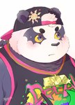 anthro backwards_baseball_cap backwards_hat baseball_cap blush clothing hat headgear headwear male overweight purple_eyes shirt solo tank_top topwear yellow_sclera hijirinoyuta lifewonders tokyo_afterschool_summoners alp_(tas) bear giant_panda mammal bust_portrait hi_res portrait