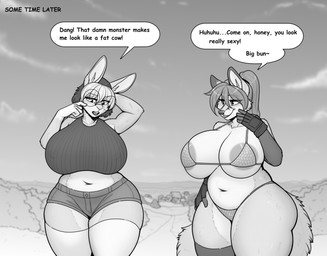 anthro areola areola_slip armor bangs big_breasts bikini bikini_armor bottomwear breasts chainmail chainmail_bikini clothing duo eyewear female fingerless_gloves glasses gloves hair handwear huge_breasts hyper hyper_breasts midriff navel ponytail shirt shorts slightly_chubby smile swimwear text thick_thighs topwear two-piece_swimsuit unconvincing_armor wide_hips mortarionlordofdeath aeril_(helios) millie_(mortarionlordofdeath) canid canine fox lagomorph leporid mammal rabbit english_text hi_res monochrome url