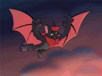 anthro black_body black_fur flying fur hair male membrane_(anatomy) membranous_wings neck_tuft piercing pink_nose red_body red_fur red_hair simple_background solo tongue tuft wings yellow_eyes piti_yindee razor_the_flying_fox-bat bat canid canine fox hybrid mammal 2d_animation animated low_res short_playtime