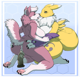anthro anus arm_tuft armwear big_breasts big_butt black_sclera blue_eyes bodily_fluids border breast_squish breasts breasts_frottage bridal_gauntlets butt butt_grab cheek_tuft claws clothing dildo dildo_sitting dipstick_ears dipstick_tail duo ear_markings elbow_tuft facial_tuft female female/female fur genital_fluids genitals gloves_(marking) hand_on_butt kneeling leg_markings looking_back markings multicolored_body multicolored_ears multicolored_fur multicolored_tail neck_tuft overweight pattern_background pawpads penetration pink_body pink_fur raised_tail rear_view saliva saliva_string sex_toy side_boob simple_background socks_(marking) spread_butt spreading squish tail tail_markings thick_thighs toe_claws tongue tongue_out tuft two_tone_body two_tone_fur vaginal vaginal_fluids vaginal_penetration veiny_dildo vulva white_body white_border white_fur yellow_body yellow_fur iriedono bandai_namco digimon aurothos canid canine canis coyote digimon_(species) mammal renamon 2016 digital_media_(artwork)