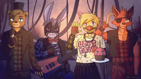 5_fingers anthro beak belt black_nose blue_eyes bodypaint bottomwear brown_body brown_fur brown_inner_ear_fluff chain clothed clothing day electric_guitar electronics eye_patch eyebrows eyewear face_paint female fingerless_gloves fingers fur gesture glasses gloves group guitar hand_gesture handwear hat head_tuft headgear headwear holding_object hook hook_hand inner_ear_fluff inside jacket jewelry male microphone musical_instrument necklace orange_beak pants pink_eyes plate plucked_string_instrument purple_body purple_fur red_body red_eyes red_fur red_nose shirt skirt standing string_instrument text text_on_clothing top_hat topwear tuft v_sign vest yellow_body yellow_eyes naturanevie five_nights_at_freddy's five_nights_at_freddy's_2 scottgames cupcake_(fnaf) withered_bonnie_(fnaf) withered_chica_(fnaf) withered_foxy_(fnaf) withered_freddy_(fnaf) avian bear bird canid canine chicken fox galliform lagomorph leporid mammal phasianid rabbit 16:9 english_text shaded widescreen