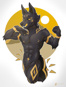 abs anthro biceps big_muscles black_body elegant flexing flexing_bicep fur hair looking_at_viewer male muscular muscular_anthro muscular_male nipples pecs simple_background smile solo standing tail yellow_body yellow_eyes yellow_fur conditional_dnp teremunart egyptian_mythology middle_eastern_mythology mythology anuwubis_(morgunkorn) anubian_jackal canid canine canis jackal mammal absurd_res hi_res