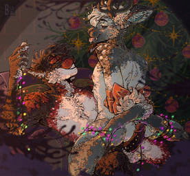 5_fingers anthro antlers arm_bow balls bdsm biped black_body black_nose black_penis blep bondage bound bow_(feature) bow_in_back bow_ribbon brick_wall christmas_decorations christmas_lights christmas_tree claws countershading detailed_background duo ear_piercing erection eye_contact eyelashes facial_piercing facial_tuft fangs feet fingers fur furniture genital_piercing genitals gift_wrapped grey_body grey_fur hair hand_on_back hands_behind_back hands_tied holding_object holidays horn inside legs_tied looking_at_another looking_at_partner male male/male male_on_bottom male_on_top nipples on_bottom on_top penis penis_piercing piercing pink_nipples plant red_body red_fur ribbon_bondage ribbons sitting smile smirk sofa string_light_bondage string_lights teeth tongue tongue_out tree tuft wall_(structure) white_balls white_hair yellow_eyes brjk_blue christmas nomsi_(character) deer felid feline felis mammal 2021 digital_media_(artwork) digital_painting_(artwork) hi_res painting_(artwork) restricted_palette