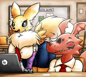 anthro armwear bent_over big_breasts big_tail black_markings black_sclera blue_eyes bottomwear breasts bridal_gauntlets classroom clothing computer duo electronics eyes_closed female fluffy fluffy_chest fluffy_tail fur furniture laptop male markings open_mouth red_body school school_uniform shirt skirt smile table tail text topwear uniform white_clothing white_shirt white_topwear yellow_body yellow_fur drataille bandai_namco digimon canid digimon_(species) guilmon mammal renamon scalie artist_name colored digital_media_(artwork) hi_res