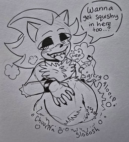 abdominal_bulge after_vore anthro belly big_belly blush digestion_noises eyelashes eyeshadow looking_at_viewer makeup male oral_vore same_size_vore solo talking_to_viewer tongue tongue_out vore badfoxxxrage sega sonic_the_hedgehog_(series) shadow_the_hedgehog absurd_res hi_res