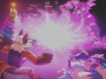 anthro blue_body brown_body christmas_tree clothing colored_fire elemental_manipulation explosion fire fire_manipulation fireplace fur glowing glowing_markings gold_(metal) group holidays holly_(plant) horn jewelry legwear magenta_body magenta_fire male male/male markings neck_tuft necklace pink_body pink_fire plant ruffleztheampharos running scar spikeball_tail spitting_drink stockings surprised tree tuft suchlambada17 christmas nintendo pokemon neeco_neecoola braixen canid canine delphox fox generation_6_pokemon goo_creature mammal pokemon_(species) 4:3 hi_res