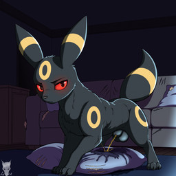 animal_genitalia balls black_body black_eyes black_fur bodily_fluids claw_marks claws destruction_of_property feet feral feral_peeing fully_sheathed fur furniture genital_fluids genitals glowing glowing_eyes looking_at_viewer male male_peeing markings narrowed_eyes paws peeing pillow piss_destruction red_sclera ring_(marking) sheath sofa solo tail toes urine urine_stream yellow_body yellow_fur lycadio nintendo pokemon eeveelution generation_2_pokemon mammal pokemon_(species) umbreon 1:1 digital_media_(artwork) hi_res signature