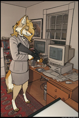 anthro barefoot biped bottomwear clothing computer computer_keyboard computer_mouse electronics feet female green_eyes gun holding_gun holding_object holding_ranged_weapon holding_weapon jacket looking_down phone ranged_weapon skirt smile solo topwear weapon vanillayote canid canine canis coyote mammal 2:3 draw_over hi_res