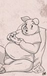 anthro blush briefs bulge chip_bag chips_(food) clothing controller fingers food game_controller hooved_fingers hooves male obese obese_male overweight overweight_male pillow shirt simple_background solo tighty_whities topwear underwear white_briefs white_clothing white_underwear goatboner_(artist) domestic_pig mammal suid suine sus_(pig) signature