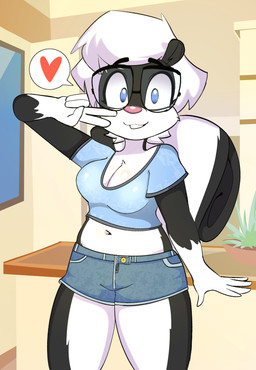 5_fingers anthro black_body black_fur blue_eyes bottomwear breasts cleavage clothed clothing eyewear female fingers fur gesture glasses gloves_(marking) hair hand_gesture heart_symbol inside looking_at_viewer markings midriff multicolored_body multicolored_fur navel shirt short_hair shorts smile solo standing t-shirt topwear two_tone_body two_tone_fur v_sign white_body white_fur white_hair onibi sabrina_online sabrina_(sabrina_online) mammal mephitid skunk absurd_res hi_res pictographics portrait three-quarter_portrait