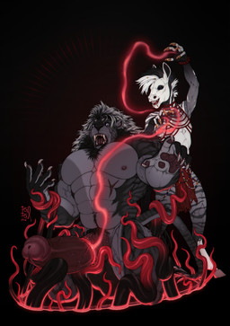 abs anthro balls big_balls big_fangs big_penis black_body black_fur black_hair blue_eyes brown_penis duo erection fangs fur genitals grey_body grey_fur hair huge_balls huge_penis humanoid_genitalia humanoid_penis hybrid_genitalia hybrid_penis kneeling knot knotted_humanoid_penis knotted_penis magic_user male male_anthro markings muscular muscular_anthro muscular_male narrowed_eyes nude open_mouth pecs penis ritual sharp_teeth standing striped_legs striped_markings striped_tail stripes tail tail_markings teeth tentacle_around_arm tentacles vein veiny_penis white_hair riorix felid lion mammal pantherine hi_res