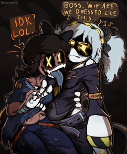 4_hands alternate_costume arm_around_partner armband bare_shoulders belly belly_tattoo belt big_breasts big_butt black_body black_clothing black_hair black_suit black_tentacles blood bodily_fluids bottomwear bow_ribbon breasts brown_body brown_skin butt clothed clothing dialogue directional_arrow disgruntled dress dripping duo ellipsis embarrassed fangs female female/female freckled_face freckles gesture grey_body grey_clothing grey_dress grey_hair grey_tongue hair hand_gesture hazard_stripes holding_partner hug hugging_another jacket larger_female long_hair long_tongue machine metal metallic_body multi_hand navel nervous nightmare_fuel open_clothing open_jacket open_mouth open_smile open_suit open_topwear orange_text pants pigtails saliva saliva_drip saliva_on_tongue saliva_string scar scars_all_over screen screen_face seam_(sewing) segmented_body selfie sharp_teeth simple_background size_difference slightly_chubby smile speech_bubble stitch_(sewing) stripes suit suit_jacket surgical_suture sweat sweatdrop tail tattoo teeth tentacles text thick_thighs tongue tongue_out topwear torn_clothing twintails_(hairstyle) upset v_sign white_body wide_eyed wide_hips yellow_armband yellow_text diddlydooter1 glitch_productions murder_drones cyn_(murder_drones) j_(murder_drones) tessa_(murder_drones) disassembly_drone eldritch_abomination human humanoid mammal patchwork_creature robot robot_humanoid undead worker_drone zombie artist_name digital_drawing_(artwork) digital_media_(artwork) hi_res signature