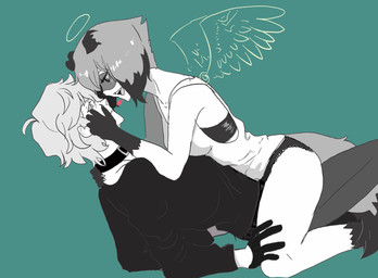 anthro clothed clothing collar duo eye_contact female fluffy fluffy_tail fur gloves_(marking) hair halo hand_on_face heart_symbol human_on_anthro interspecies looking_at_another male male/female markings shirt short_hair simple_background tail tank_top topwear wings osnach_kristina brand_new_animal studio_trigger michiru_kagemori shirou_ogami canid canine human mammal raccoon_dog tanuki hi_res restricted_palette