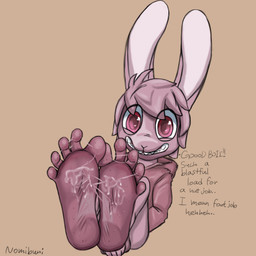 anthro bodily_fluids demanding feet foot_fetish happy male sex silly smelly smelly_feet solo sweat sweaty_feet text toes goon nomibuni nomibun_(nomibuni) humanoid lagomorph leporid mammal rabbit 1:1 absurd_res english_text hi_res