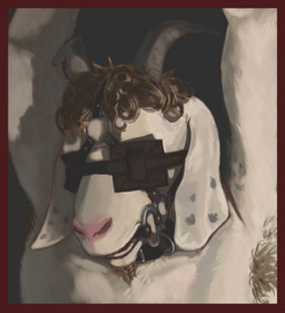anthro armpit_hair arms_above_head bdsm bit_gag blinders blindfold body_hair border bridle brown_hair collar eyewear gag gagged grey_background grey_body hair halter hands_above_head horn male male_anthro markings raised_arms red_border restrained simple_background solo spots spotted_body submissive submissive_anthro submissive_male white_body contort_desire bovid caprine goat mammal hi_res