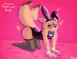 all_fours anthro blush bow_tie canid canine canis clothed clothing crossdressing eyewear fake_ears fake_rabbit_ears glasses legwear male mammal pink_background round_glasses simple_background solo stockings tail tail_motion tailwag torau wolf