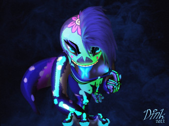 anthro blacklight blue_eyes blue_tongue clothing dress female flashing flashing_breasts hair holidays solo tail tongue white_hair yellow_body yellow_skin josiedink day_of_the_dead lizard reptile scalie skink
