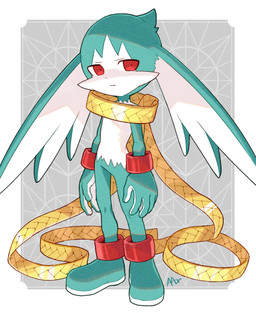 abstract_background anthro fur green_body green_fur kemono looking_at_viewer male red_eyes solo standing young young_anthro young_male amber_graygamma bandai_namco klonoa_(series) king_of_sorrow 2023 full-length_portrait hi_res portrait