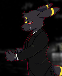 anthro anthrofied clothing male male_anthro solo suit suit_and_tie suit_jacket beetlezine nintendo pokemon fan_character minecraft_oc eeveelution generation_2_pokemon pokemon_(species) umbreon hi_res