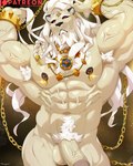 anthro armpit_hair beard body_hair chain cuff_(restraint) facial_hair gold_(metal) gold_chain gold_cuffs hair jewelry long_mane male metal_cuffs muscular muscular_male necklace nipple_piercing nipples piercing pubes red_eyes restraints solo white_hair white_pubes nekogaki0324 dislyte lilith_games javid_(dislyte) felid lion mammal pantherine absurd_res hi_res