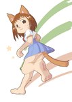 anthro barefoot biped bottomwear brown_eyes brown_hair butt clothing feet female hair looking_back on_one_leg pawpads skirt smile solo standing whiskers zokucyoo ghibli the_cat_returns haru_yoshioka domestic_cat felid feline felis mammal 2016