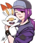 ambiguous_gender bandage baseball_cap carrying_another clothing duo female fur hair hat headgear headwear one_eye_closed ponytail purple_hair simple_background white_background white_body white_fur wink airisubaka nintendo pokemon leah_(airisubaka) generation_8_pokemon human mammal pokemon_(species) scorbunny 2019 hi_res