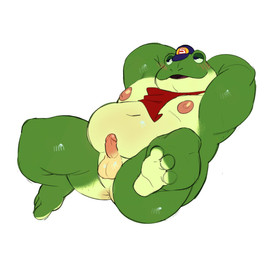 anthro anus balls belly blush butt clothing erection feet genitals glans green_body hat headgear headwear humanoid_genitalia humanoid_penis kerchief lying male navel neckerchief neckwear nipples nude on_back overweight overweight_male penis simple_background smile soles solo toes white_background muttonchp nintendo star_fox slippy_toad amphibian frog hi_res