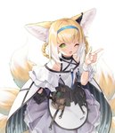 5_fingers accessory blonde_hair blush braided_hair clothing female fingers gloves green_eyes hair hair_accessory hairband handwear looking_at_viewer multi_tail one_eye_closed open_mouth simple_background smile solo tail white_background young jiusan_naitan arknights hypergryph studio_montagne suzuran_(arknights) animal_humanoid canid canid_humanoid canine canine_humanoid fox_humanoid humanoid mammal mammal_humanoid 2020 absurd_res hi_res