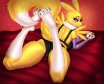 anthro black_sclera blue_eyes breasts camel_toe clothed clothing female fur lingerie neck_tuft presenting simple_background solo tail tuft underwear white_body white_fur yellow_body yellow_fur completealienation bandai_namco digimon canid canine digimon_(species) mammal renamon digital_media_(artwork)