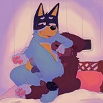 anal anal_penetration anthro anthro_on_anthro anthro_penetrated anthro_penetrating anthro_penetrating_anthro balls bed bedroom_clothing black_nose blue_body blue_fur blush bodily_fluids brown_body brown_fur circumcised duo erection fur furniture genitals gloves_(marking) half-closed_eyes leg_markings looking_pleasured male male/male male_penetrated male_penetrating male_penetrating_male markings narrowed_eyes on_bed pawpads penetration penile penile_penetration penis pink_pawpads sex sitting sitting_on_bed socks_(marking) sweat sweatdrop tail tongue tongue_out freakpaws bluey_(series) bandit_heeler fido_(bluey) australian_cattle_dog bird_dog canid canine canis cattledog domestic_dog herding_dog hunting_dog labrador mammal pastoral_dog retriever 2025 absurd_res english_description hi_res