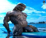 abs anthro balls big_penis fur genitals grey_body grey_fur male muscular muscular_anthro muscular_male nude outside pecs penis sea seascape sharp_teeth sitting sky solo surfboard teeth water men_of_atlus fish marine shark were werefish wereshark absurd_res hi_res