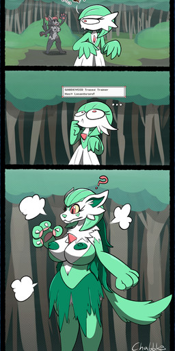 4_fingers after_transformation ambiguous_gender anthro big_breasts black_body black_fur breast_expansion breasts confusion dialogue duo expansion fangs female feral fingers forest frown fur gameplay_mechanics green_body green_facial_markings green_fur green_nipples green_nose green_pseudo_hair grey_body grey_fur growth humanoid_pointy_ears instant_transformation nipples outside pawpads plant pointy_ears pokemon_transformation poof_transformation pseudo_hair question_mark red_eyes simple_face species_transformation tail tail_growth teeth thick_thighs transformation tree white_body white_fur chabble mythology nintendo pokemon may_(pokemon) canid canine gardevoir generation_3_pokemon mammal mightyena mythological_canine mythological_creature pokemon_(species) werecanid werecanine werecreature werewolf absurd_res comic hi_res