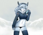 anthro biped blue_eyes canada canadian_flag clothed clothing female looking_at_viewer midriff navel panties simple_background skimpy solo standing underwear carat alice_(eelyak) canada_lynx felid feline lynx mammal cool_colors