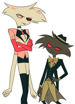 4_arms chest_tuft clothed clothing crossed_arms duo male multi_arm multi_eye multi_limb simple_background tongue tongue_out tuft white_background enaic31 hazbin_hotel hellaverse angel_dust arackniss_(hazbin_hotel) arachnid arthropod demon humanoid spider absurd_res hi_res brother_(lore) brothers_(lore) sibling_(lore)