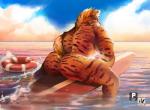 anthro back_muscles biped black_body black_fur butt cloud fur hair leaning leaning_forward looking_at_viewer looking_back male mane mane_hair muscular muscular_anthro muscular_male nude orange_body orange_fur outside partially_submerged raised_tail rear_view sea sitting sky solo sport spread_legs spreading stripes surfboard surfer tail text vehicle water watercraft white_body white_fur yellow_eyes nexus felid hybrid mammal pantherine tiger 2016 english_text signature