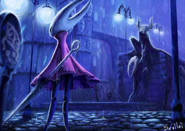 2_horns ambiguous_gender anthro biped black_eyes cloak clothed clothing detailed_background fingers group holding_melee_weapon holding_object holding_weapon horn looking_at_another melee_weapon raining standing street_lamp trio weapon window sevilai hollow_knight_(franchise) team_cherry hollow_knight_(character) hornet_(hollow_knight) the_knight_(hollow_knight) arthropod vessel_(species) 2025 hi_res signature female_(lore) half_sister_(lore) sibling_(lore)